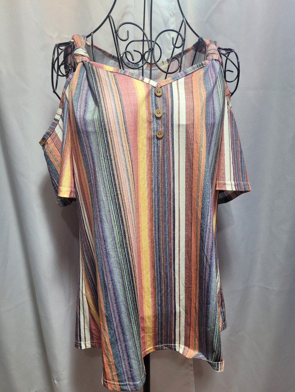 Striped Cold-Shoulder V-Neck Top in Multi-Color